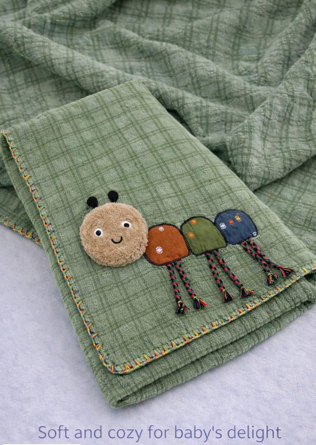 Hi mom Soft Baby Towel, Caterpillar Applique, Plaid Design, Cosy Muslin Wrap for Newborns (Green, 60X120)