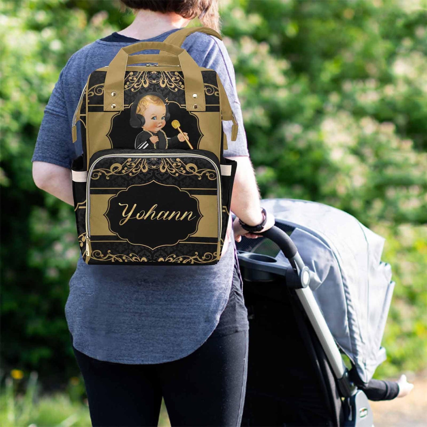 M Yescustom Personalized Diaper Bag For Baby, Large Capacity Custom Black Crown Diaper Bag With Name, Waterproof Diaper Bag Back