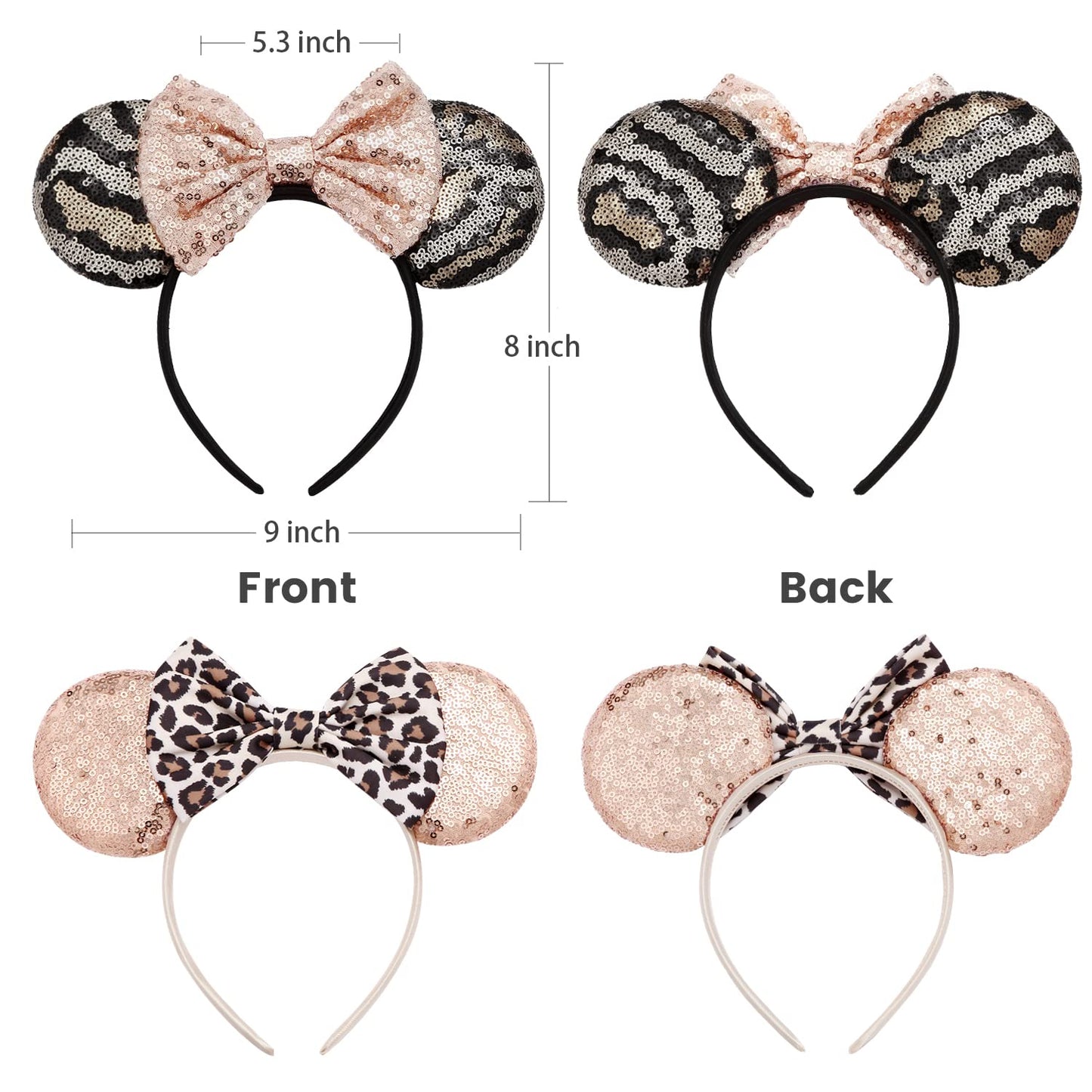 Rcjera Mouse Ears Glitter Headbands For Kids, Girls, Women - 2 Pcs Bow Headbands For Cosplay, Birthday, Christmas Parties