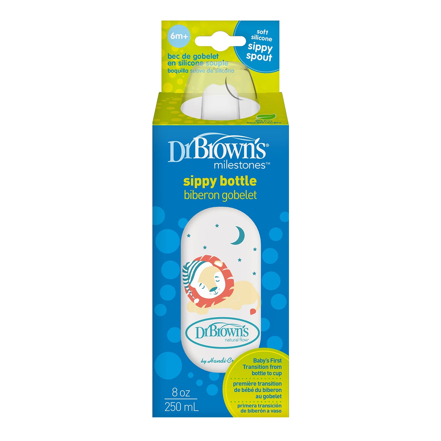 Dr. Browns Milestones Narrow Sippy Bottle, 100% Silicone Soft Sippy Spout, 8Oz/250Ml, Lion, 6M+