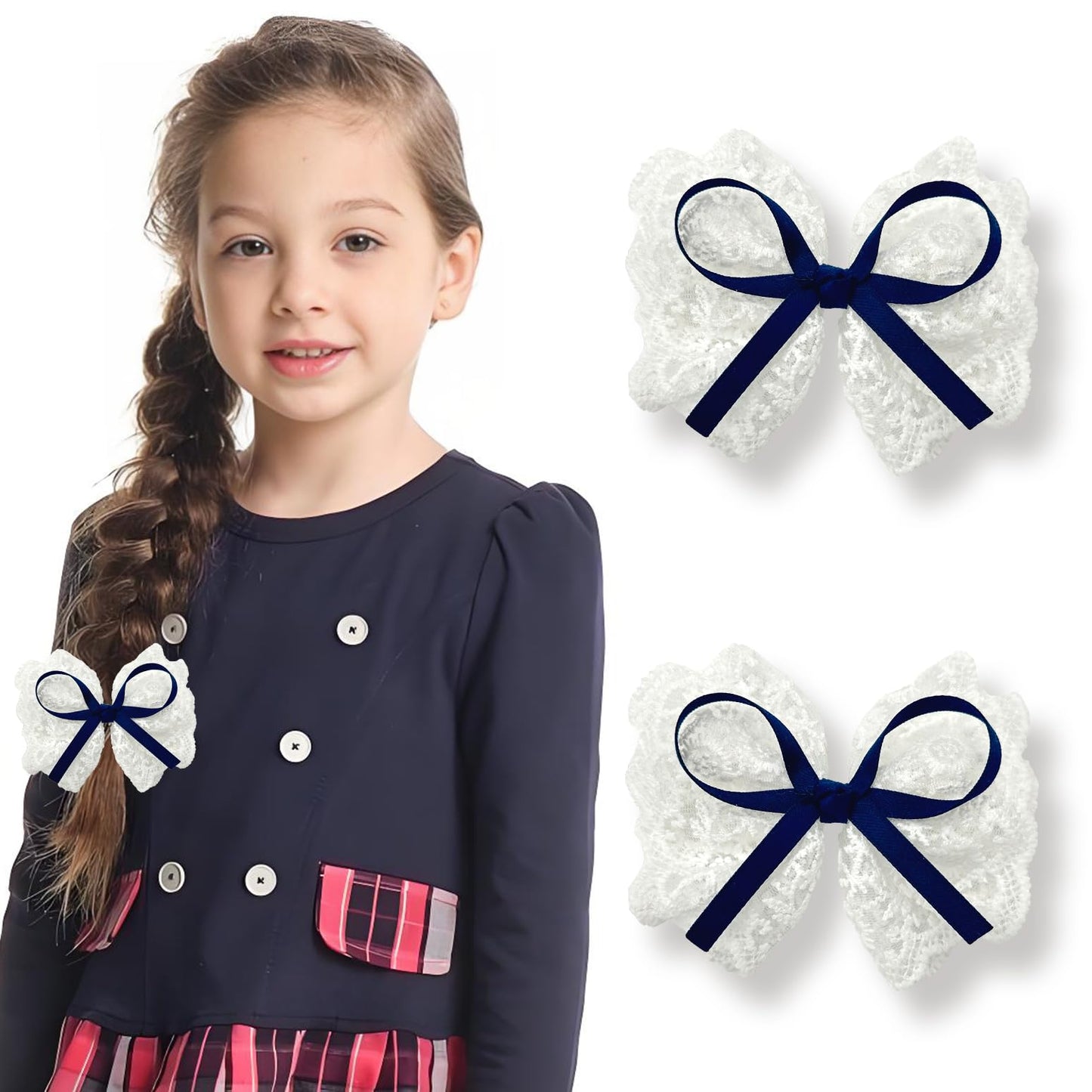 Lmymhmlm 2Pcs Navy Blue Hair Bows For Girls, White Lace Hair Bow With Navy Blue Hair Ribbon, Alligator Bow Hair Clips, Hair Barr