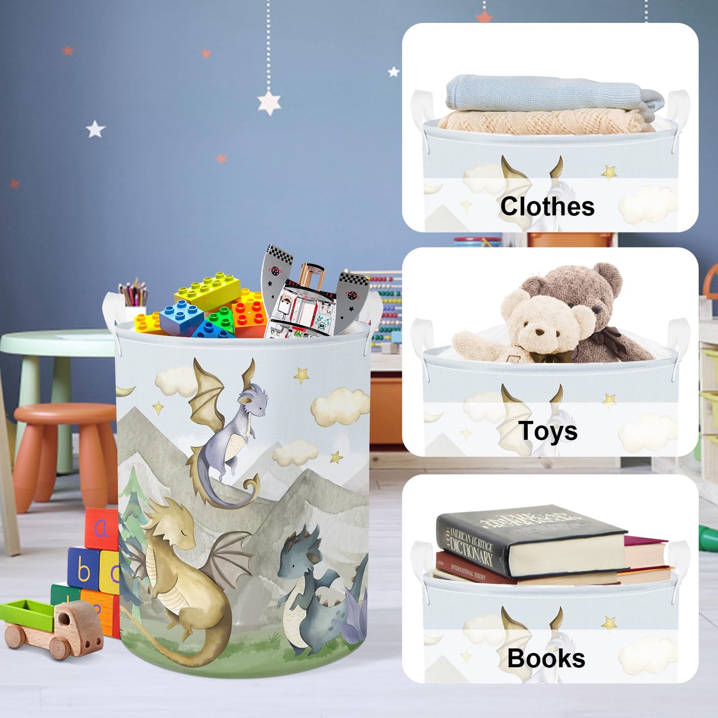 Clastyle 45L Kids Cute Dragon Nursery Hamper Mountain Tree Dirty Clothes Collapsible Laundry Basket Round Cloud Toys Storage Bas