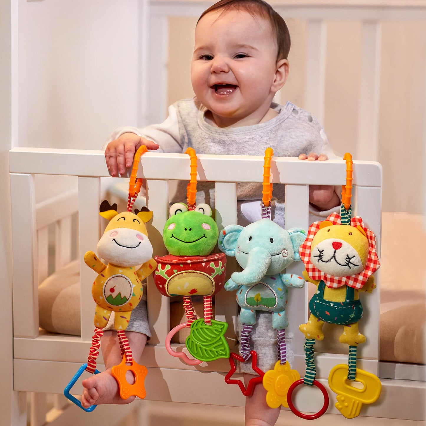 TUMAMA Baby Toys for 0, 3, 6, 9, 12 Months, Handbells Baby Rattles, Soft Plush Early Development Stroller Car Toys for Infant, N