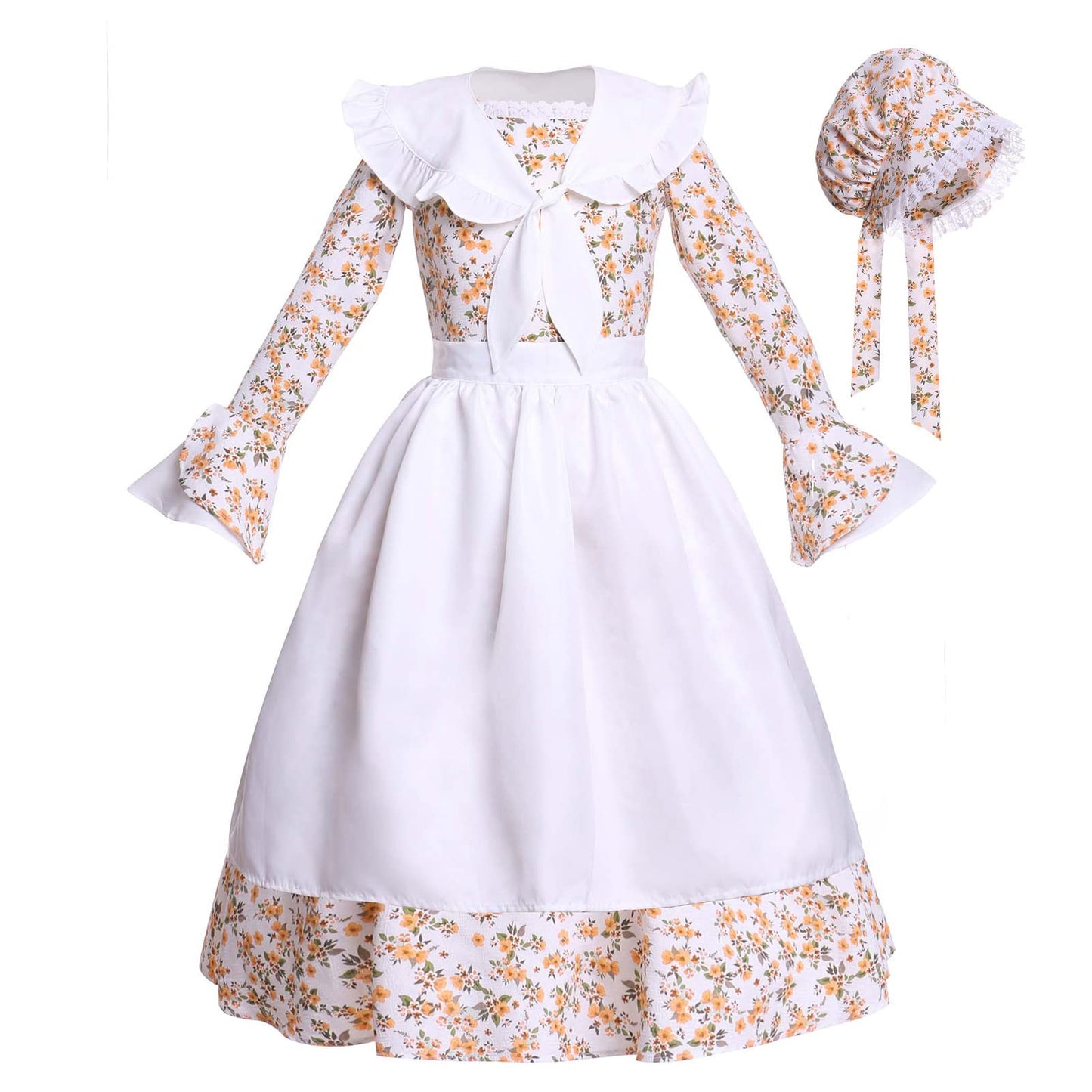Vibsion Girls Prairie Pioneer Costume Pilgrim Dress Kids Floral Colonial Village Girl Costume Bonnet Apron Set Beige Xxl