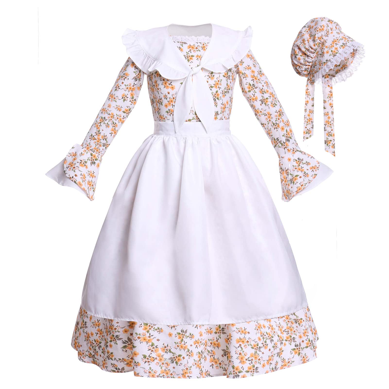 Vibsion Girls Prairie Pioneer Costume Pilgrim Dress Kids Floral Colonial Village Girl Costume Bonnet Apron Set Beige Xxl