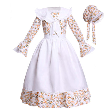Vibsion Girls Prairie Pioneer Costume Pilgrim Dress Kids Floral Colonial Village Girl Costume Bonnet Apron Set Beige Xxl
