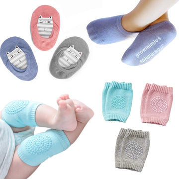 Bosoner Baby Crawling Anti-Slip Knee And Socks For Boys And Girls Best Infant Gift, Unisex Baby Toddlers Kneepads (Blue Pink Gre