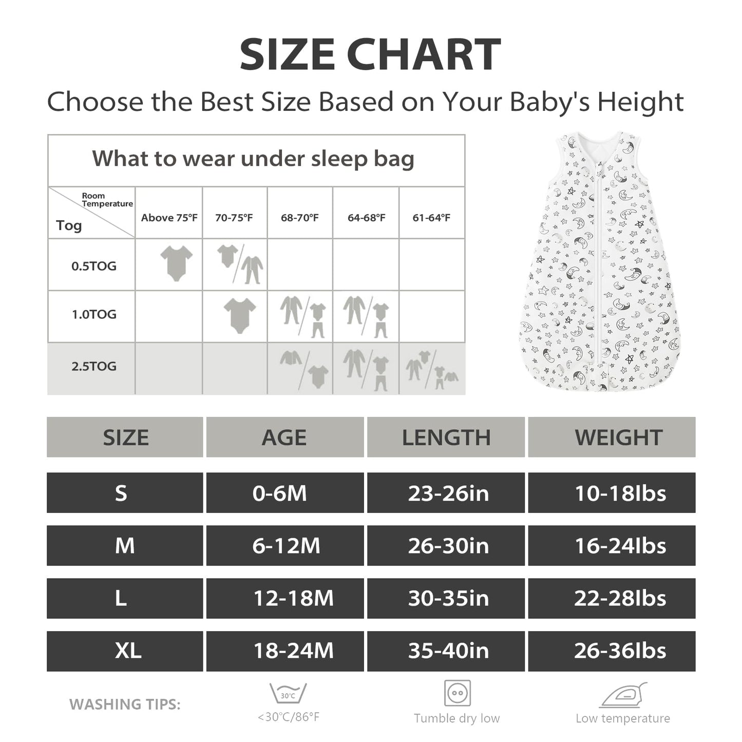 Mosebears Sleep Sack Baby Winter Wearable Blanket with 2-Way Zipper,2.5 TOG Cotton Sleep Sack Unisex (White Star, 6-12 Months)