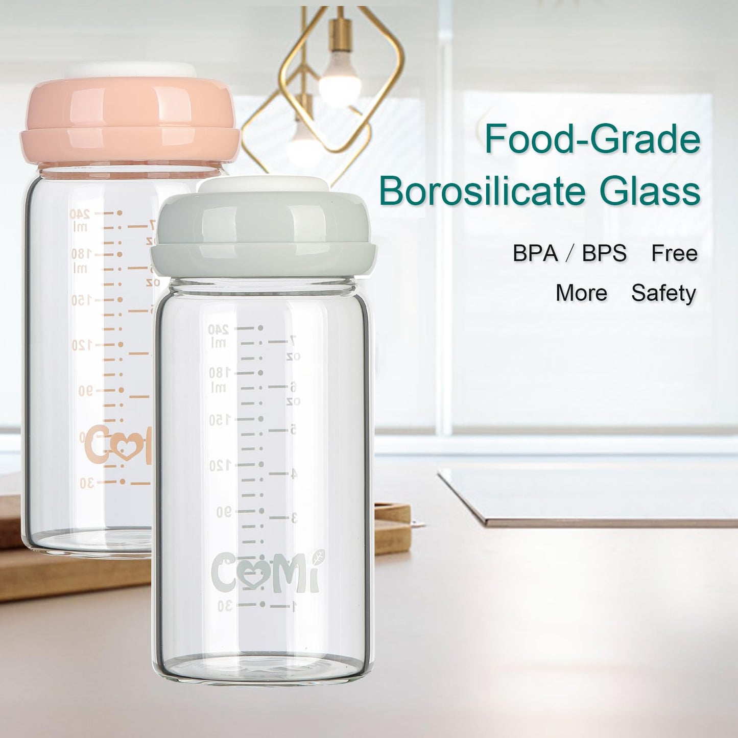 Comi Wide Neck Glass Breastmilk Collection N Storage Bottle, 8Oz With Screw Ring Sealing Disk; Re-Markable Sealing Disc. Bpa Fre