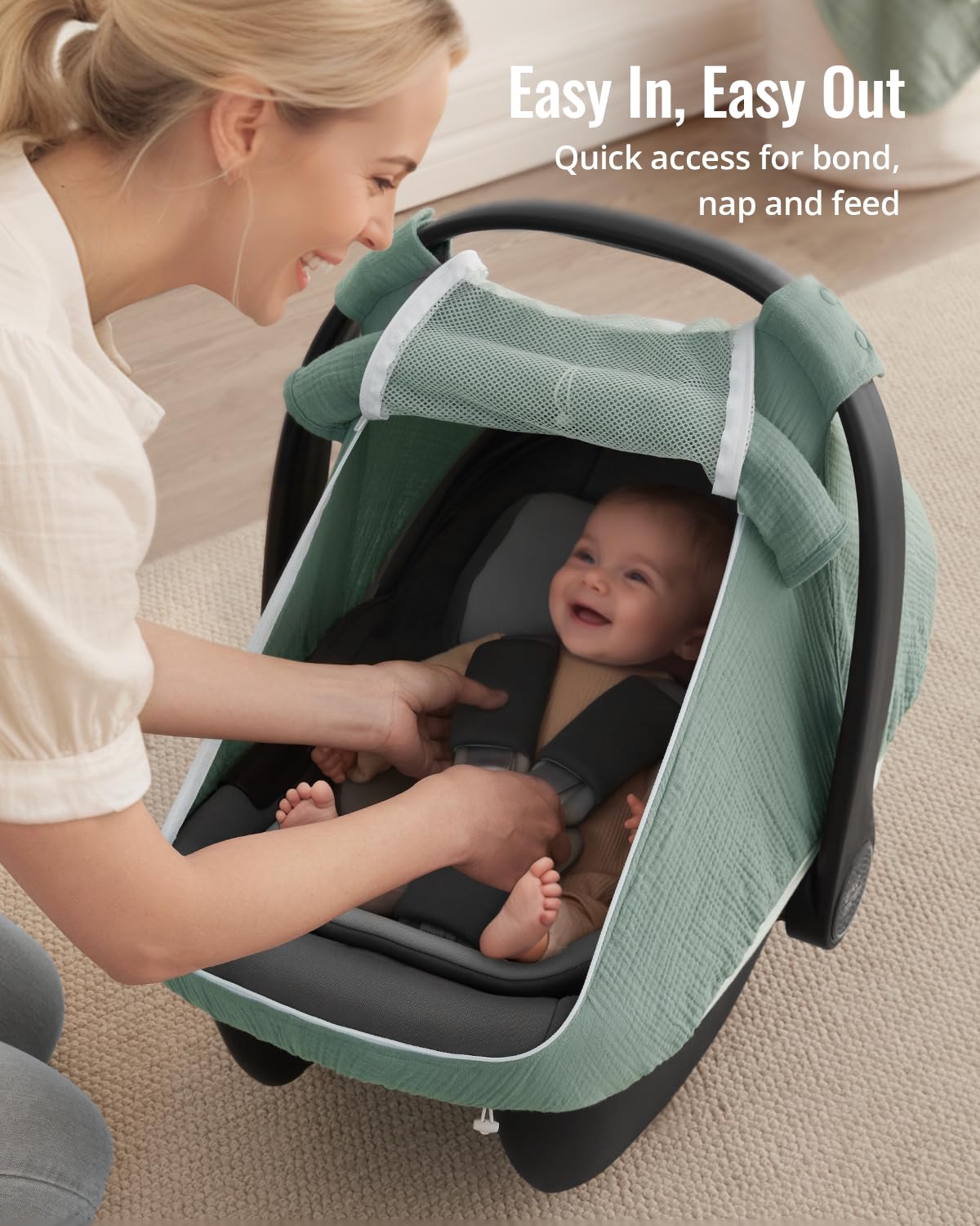 Blissful Diary Baby Car Seat Cover, Extra Large Mesh Window, Breathable Muslin Cotton, Infant Windproof Canopy - Roman Green