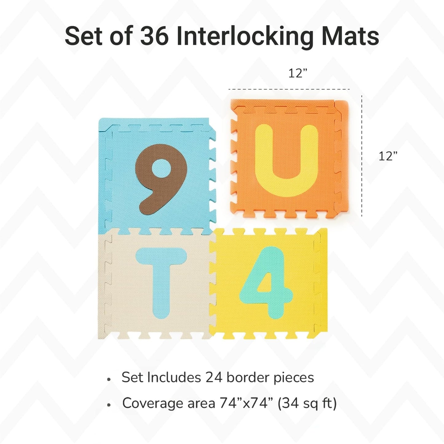 Tadpoles Foam Playmats For Kids, 36 Interlocking Tiles Teach The Abcs And Numbers 0-9, Total Floor Coverage 74X 74(36 Sq Ft), Fo