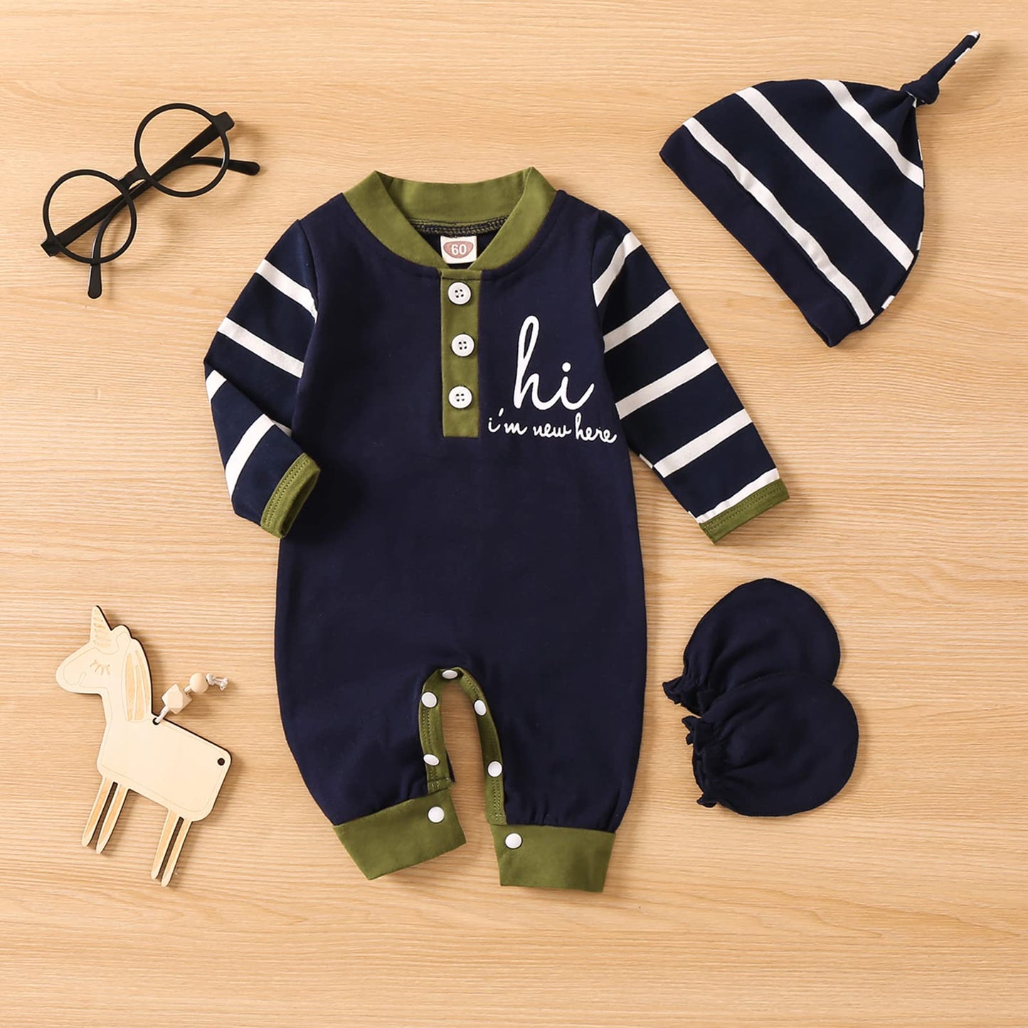 Grnshts Newborn Baby Boy Romper Coming Home Outfits Letter Print Bodysuit Jumpsuit+Hat+Gloves 3Pcs Clothes Set (Dark Blue+Stripe