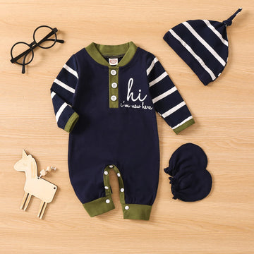 Grnshts Newborn Baby Boy Romper Coming Home Outfits Letter Print Bodysuit Jumpsuit+Hat+Gloves 3Pcs Clothes Set (Dark Blue+Stripe