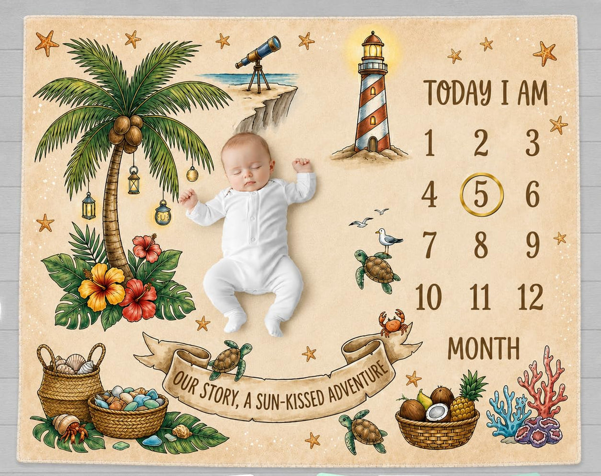CLOTHINA Baby Monthly Milestone Photoshoot Blanket with Milestone Cards, Cotton, 115x95 cm, Animal Theme, 112 Months (Coconut T