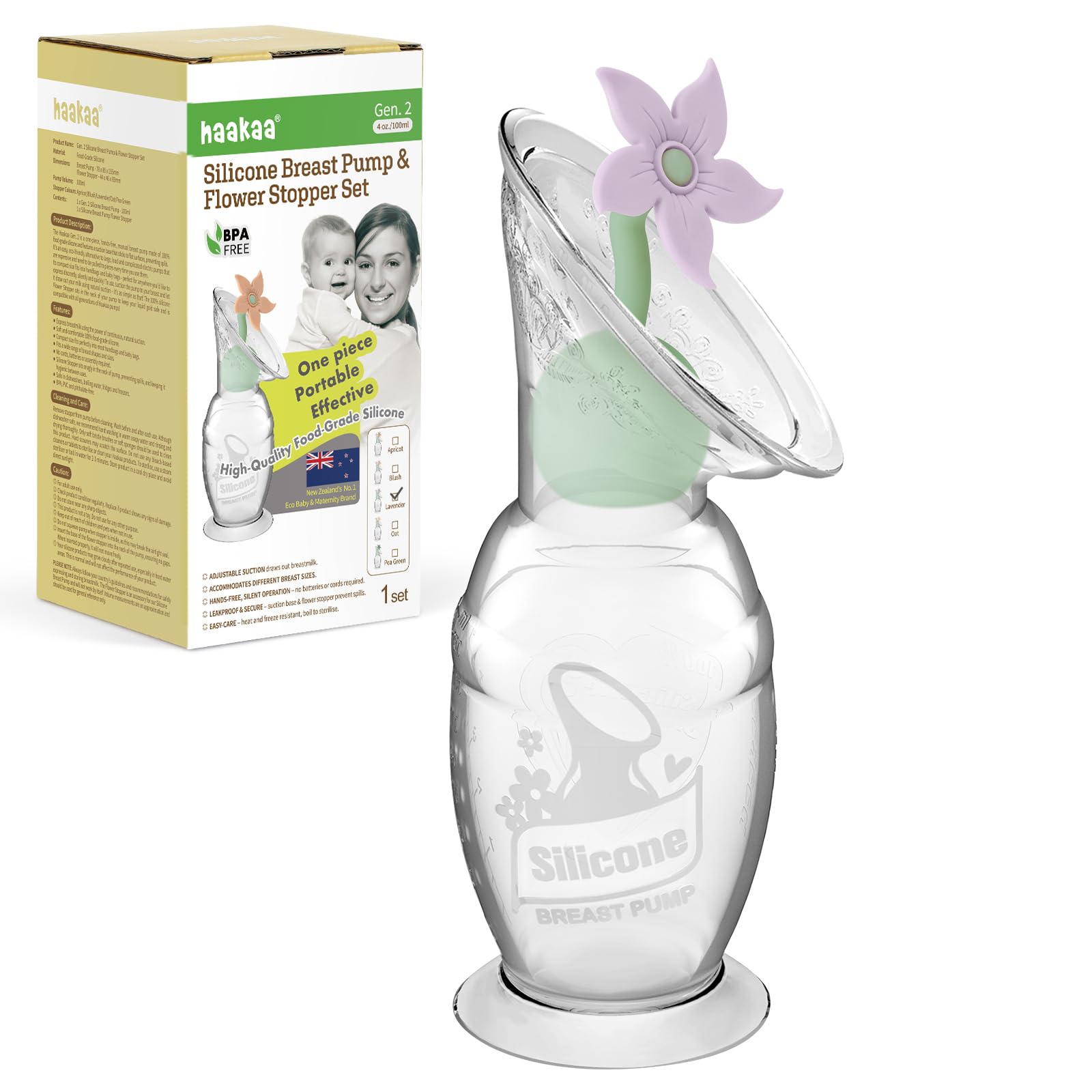 haakaa Manual Breast Pump with Flower Stopper Set, Gen.2 Silicone Hand Pump with Suction Base, BPA Free (4oz/100ml, Lavender)