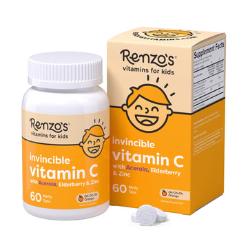 Renzos Invincible Vitamin C for Kids with Elderberry and Zinc, Dissolvable Kids Vitamins for Immune Support, 60 Orange-Flavored