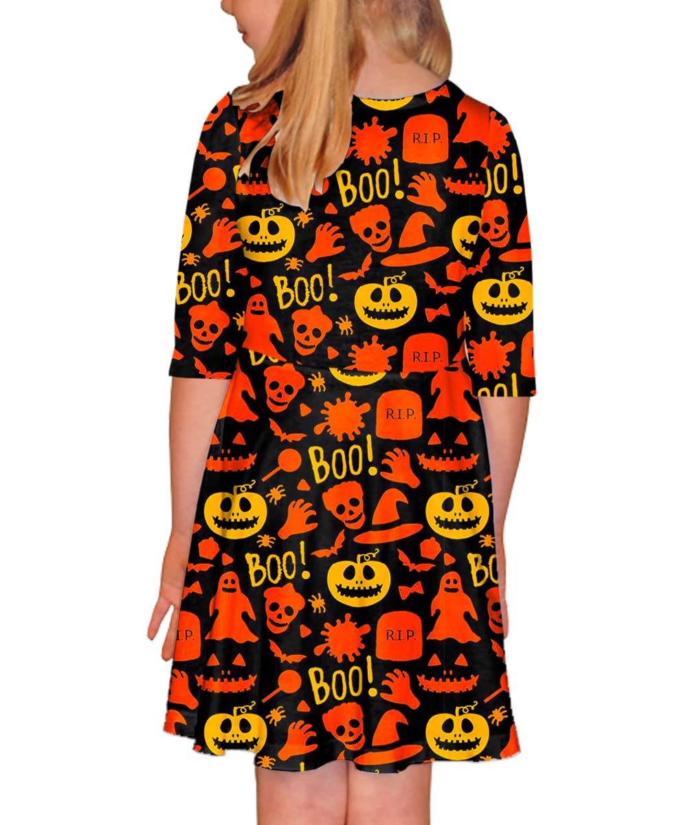 Girls Halloween Ghost Dresses Toddlers 3/4 Sleeve Cute Pumpkin Party Skater Dress 3-4 Years
