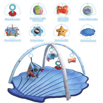 Baby Gym Play Mat For Babies 0-6 Months Infant Tummy Time Mat Activity Gym, Blue Shell Baby Gyms & Playmats Newborn Brain Sensor