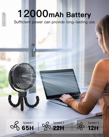 Portable Stroller Fan, Use As Power Bank, 65H 12000Mah Battery Operated Fan Flexible Tripod Baby Car Seat Fan With Timming, Pers