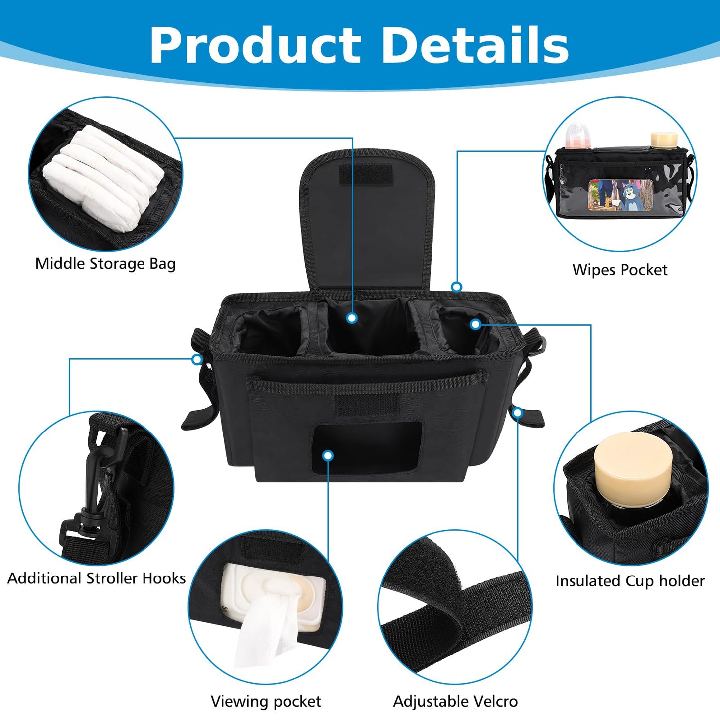 Accmor Universal Stroller Organizer With Insulated Cup Holder And Shoulder Strap, Stroller Caddy Bag Stroller Cup Holder Attachm