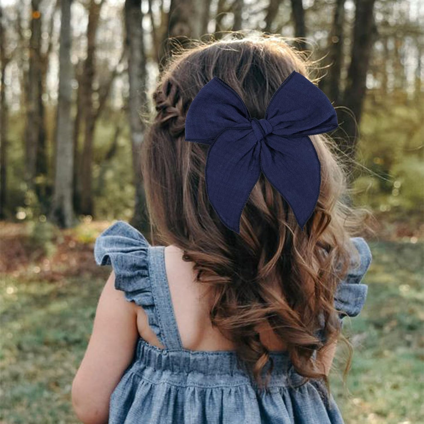 5.5 Inch Navy Blue Fable Hair Bow: Handmade Linen Cotton Hair Clip For Girls - 1 Pcs