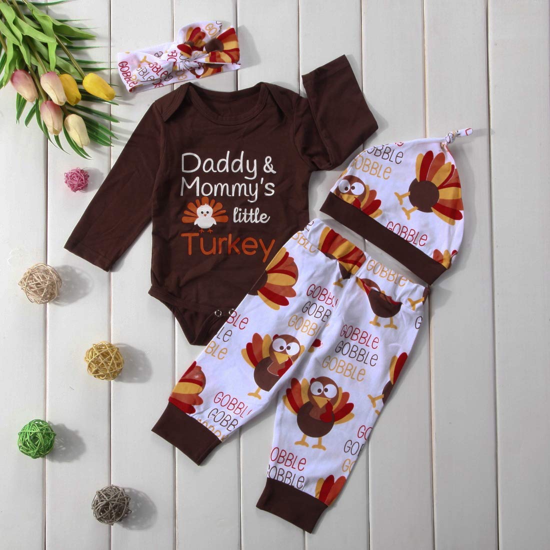 3Pcs Cute Infant Baby Girl Boy Halloween Thanksgiving Clothes Pumpkin Romper With Hat And Long Pants Outfits Set (6-9 Months, Br