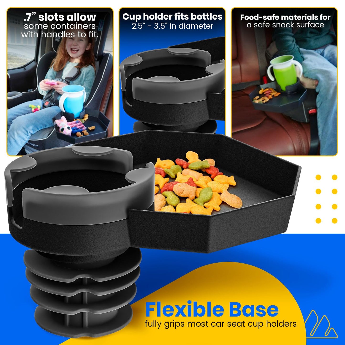 Kids Travel Tray - Car Seat And Car Cup Holder Tray - Tray For Snacks, Entertainment, Toys - Includes Cup Holder - Fits Most Car