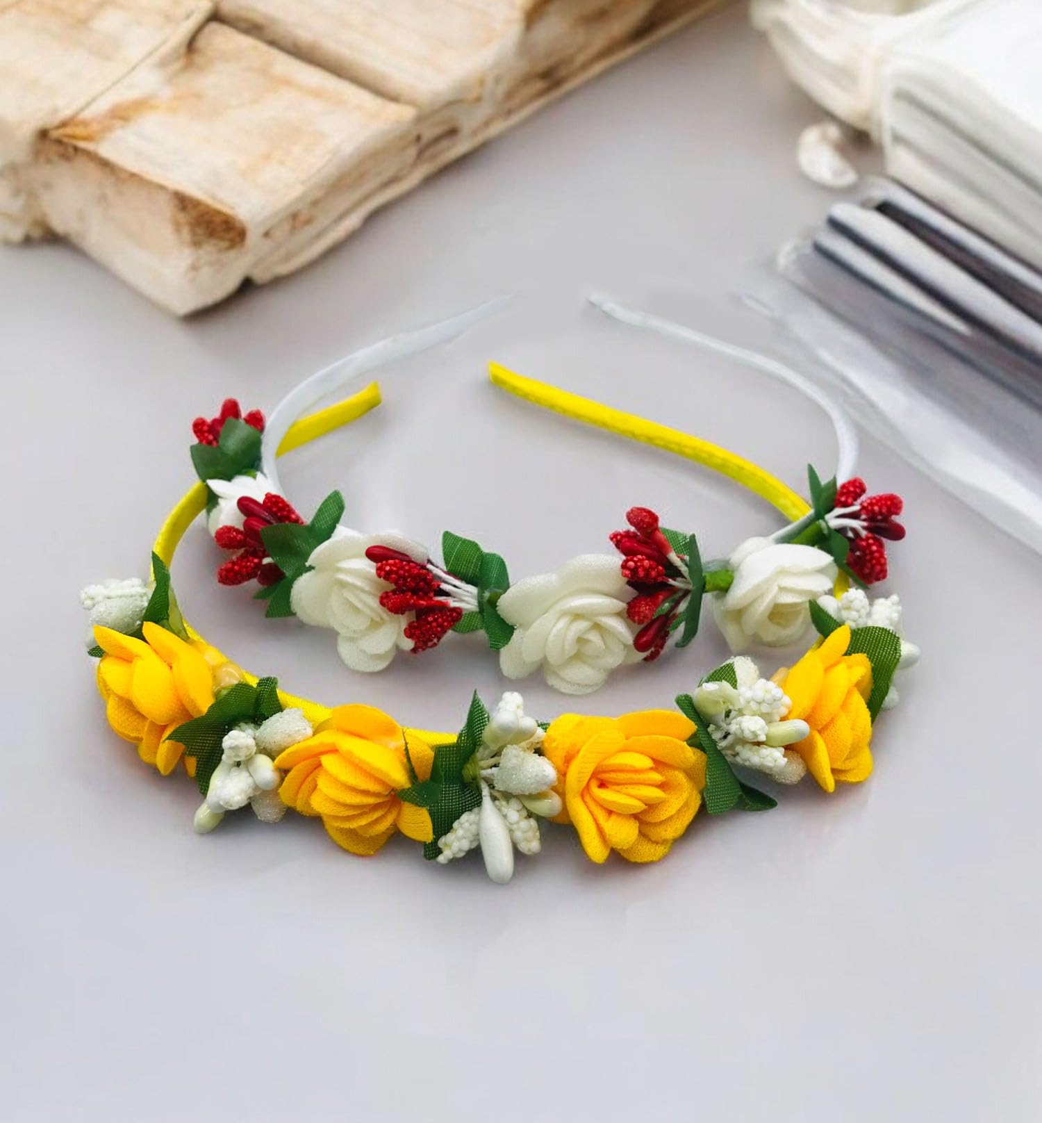 Arooman Flower Hair Band For Baby Girls/Flower Head Band,Bridal Hair Band For Women Pack02, Color White & Yellow