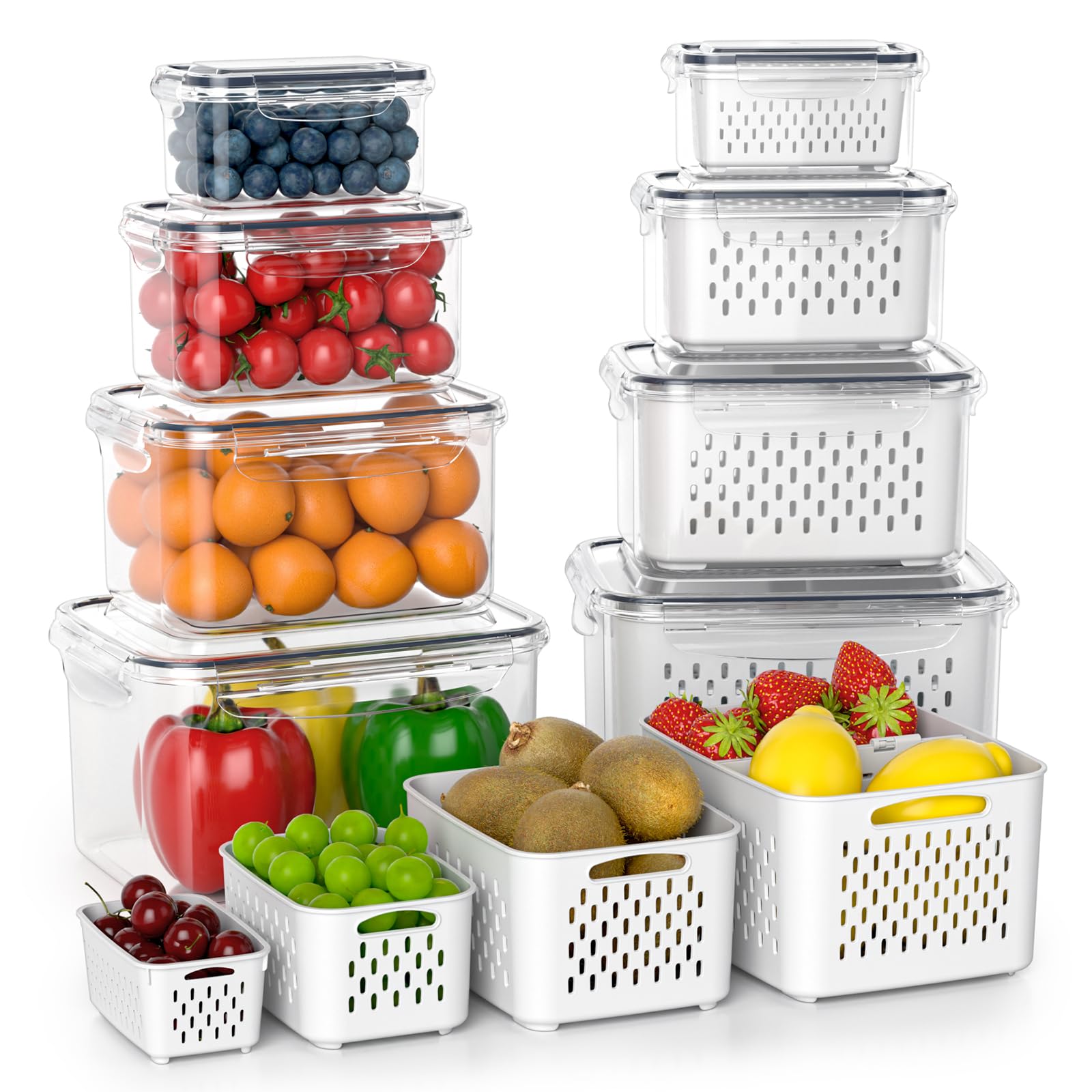 Fruit Storage Containers For Fridge With Removable Colander, 24Pcs Fruit Containers For Fridge With 2 Function Divider Plate, Ai