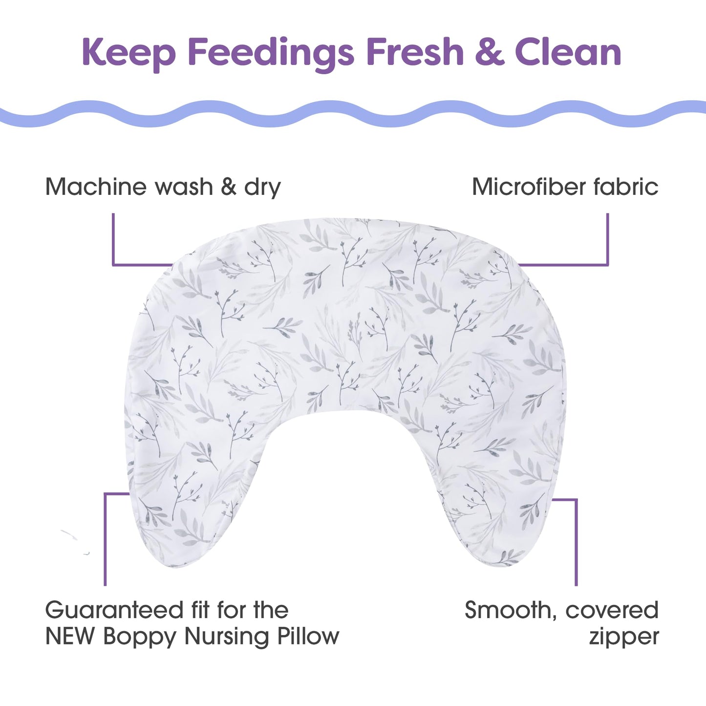 Boppy Nursing Pillow Cover, Gray Gentle Leaves, Single Cover, Easy-On Slipcover With Extra Soft 100% Polyester Microfiber Fabric