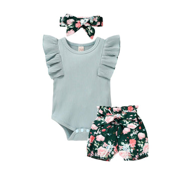 Tiny Cutey Baby Girl Clothes Infant Summer Outfits Set Ruffle Sleeve Romper And Floral Shorts With Headband (Sleeveless Blue, 10