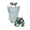 Tiny Cutey Baby Girl Clothes Infant Summer Outfits Set Ruffle Sleeve Romper And Floral Shorts With Headband (Sleeveless Blue, 70
