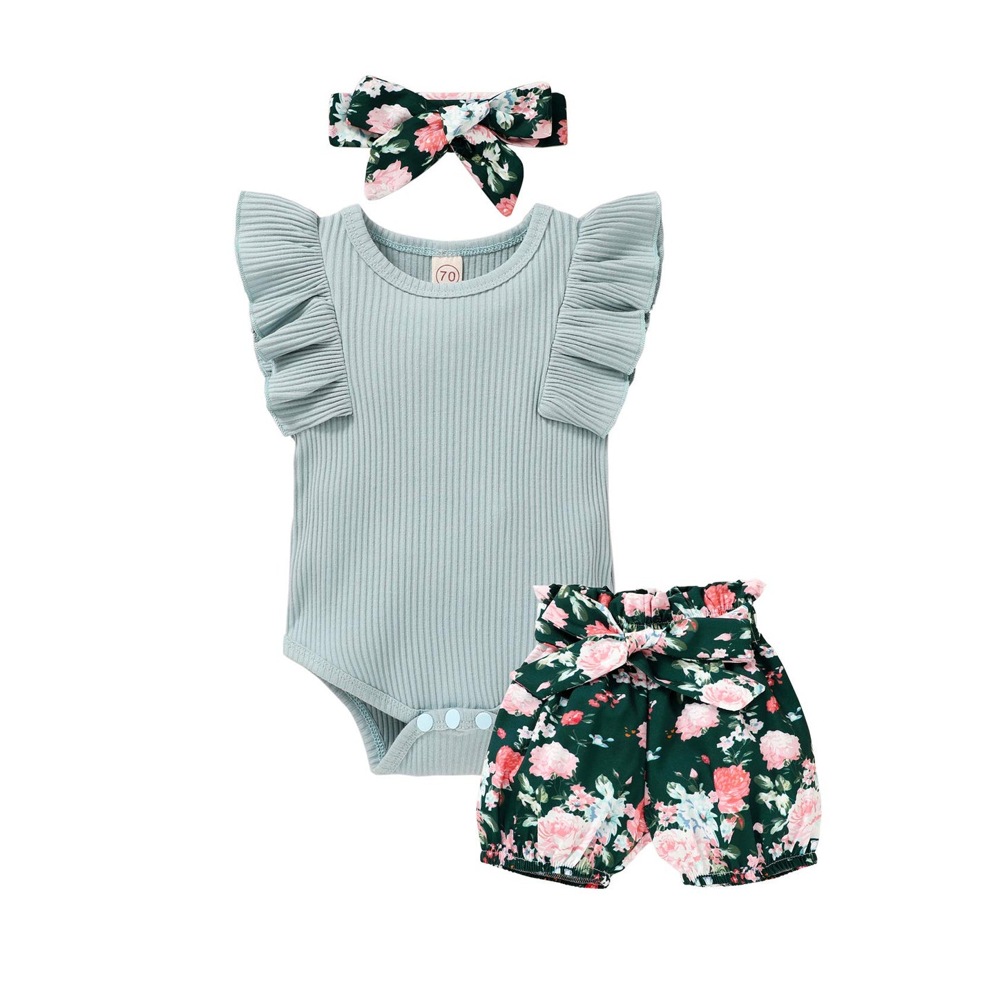 Tiny Cutey Baby Girl Clothes Infant Summer Outfits Set Ruffle Sleeve Romper And Floral Shorts With Headband (Sleeveless Blue, 90