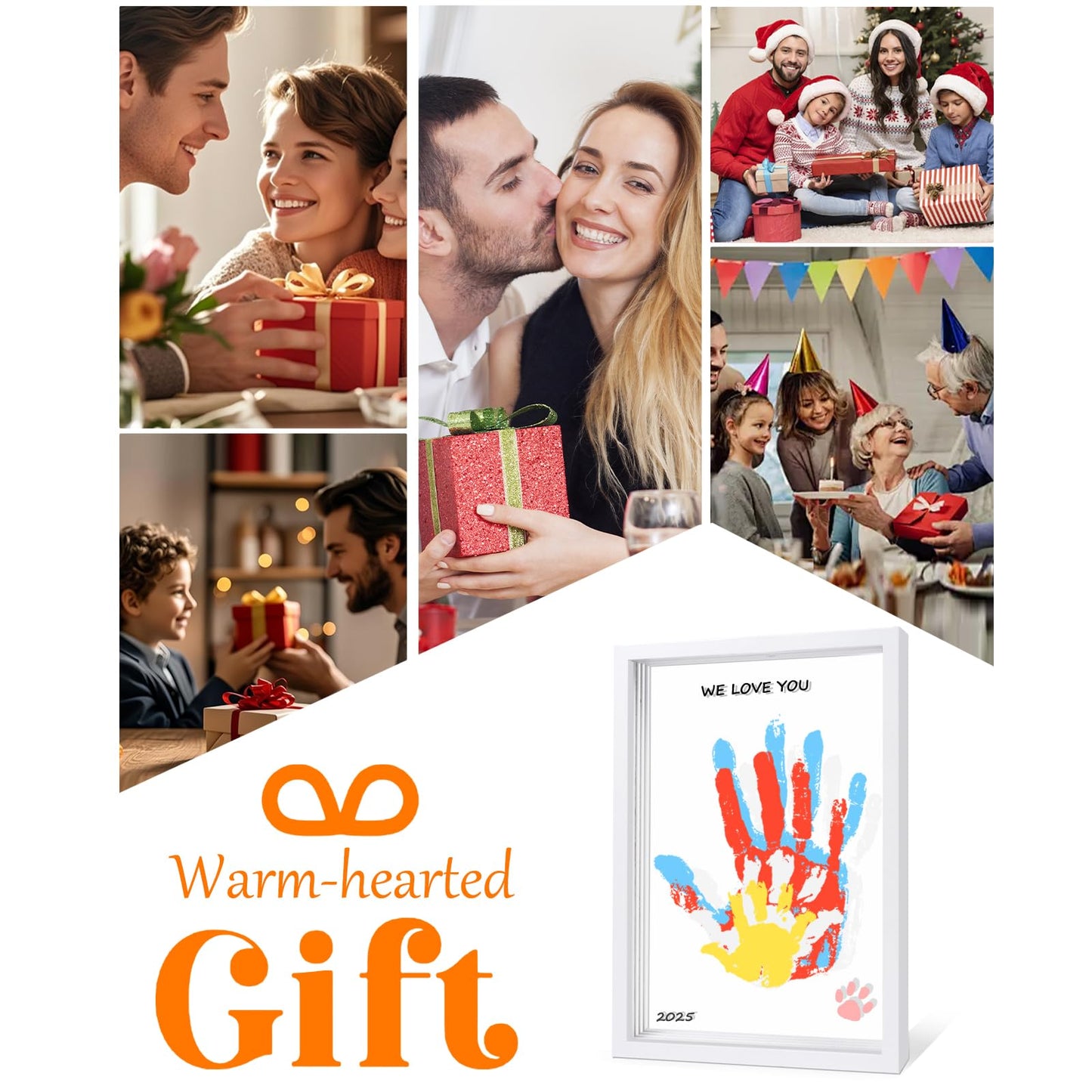Wooden Family Handprint Kit For New Parents Gifts - Baby Safe With 6 Non-Toxic Washable Paints & Marker, Diy Keepsake Frame For