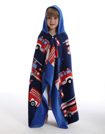 Bangsaur Kids Hooded Beach Towels, 100% Cotton 50X30 Inches Bath Pool Towel Wrap, Toddlers Boys 3-12 Years Coverup Fire Truck