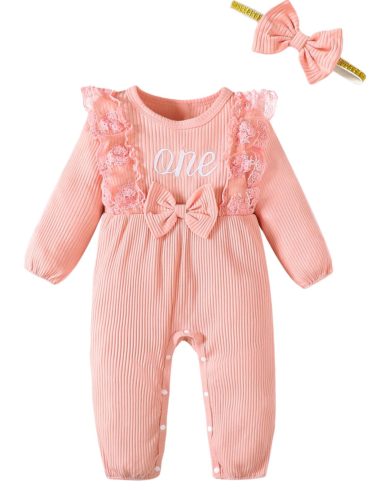 Aslaylme Baby Girl First Birthday Outfit One Year Old Birthday Clothes 1St Birthday Romper (Pink-Long,12-18 Months)