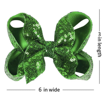 Amydecor 6 Inch Green Sparkly Glitter Sequin Hair Bows For Girls Toddlers Kids Children Teenage (2Pcs)