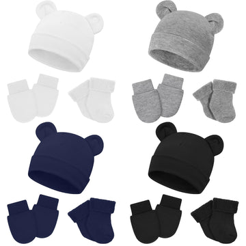 Cuffbow 4 Pcs Preemie Hats Mittens and Socks Set Preemie Mittens Warm Terry Socks for Baby(White, Light Gray, Navy Blue, Black)