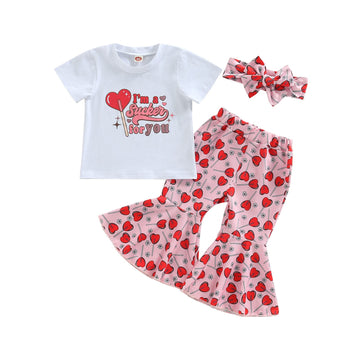 Wybzd Baby Girl Valentines Day Outfit Heart Candy Tee Shirt Top Bell-Bottom Pants Sets Cute Toddler Clothes Heart Candy 2-3T