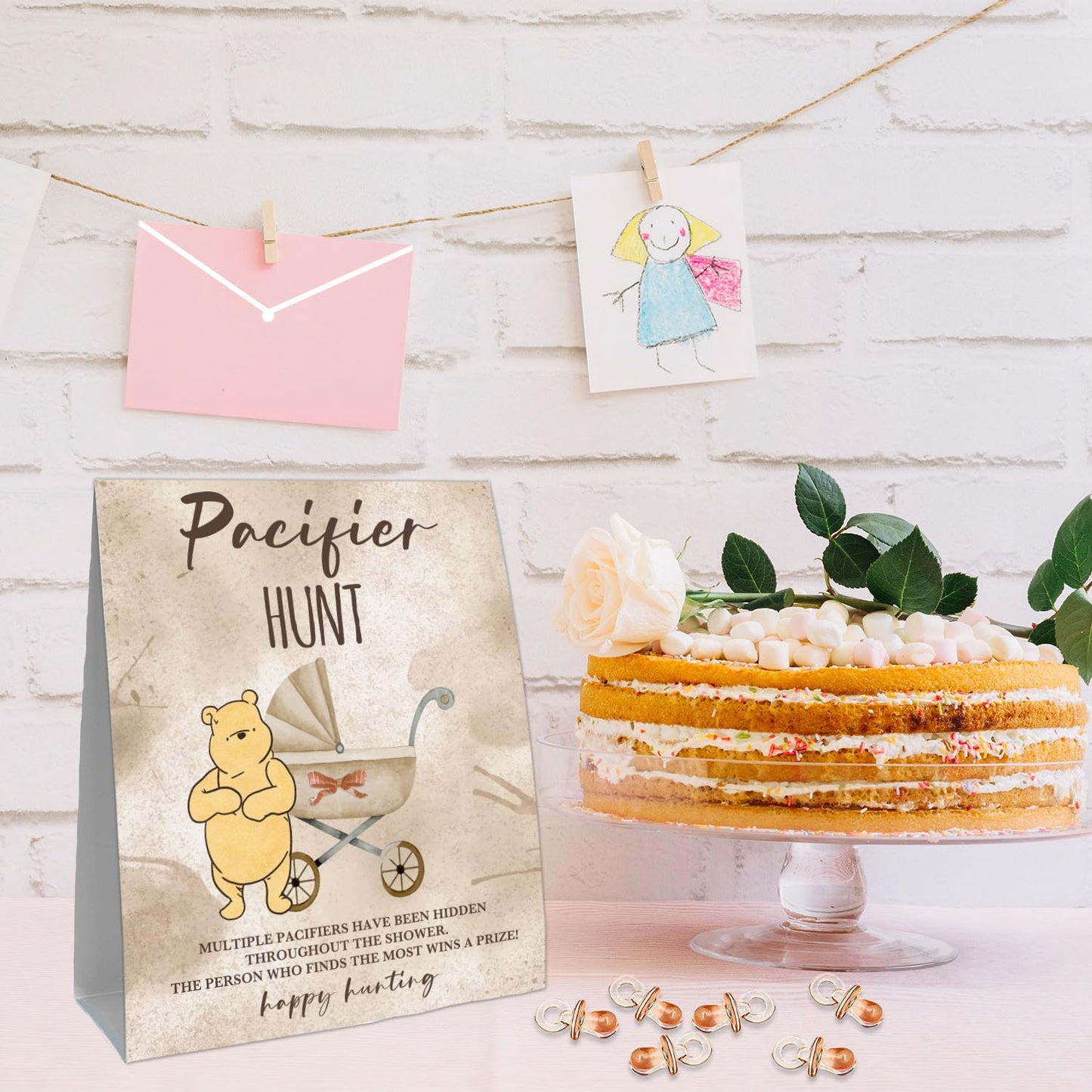 Guawubiang Winnie Pacifiers Hunt Sign For Baby Shower Game, Winnie Pacifiers Games Set, Include 1 Baby Pacifier Hunt Sign And 50