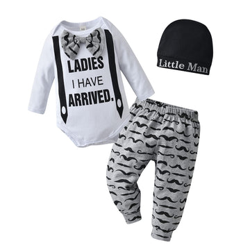 Kukitty Newborn Infant Baby Boy Clothes Long Sleeve Bow Ladies I Have Arrived Romper + Moustache Pants + Hat 3Pcs Outfits Set (N