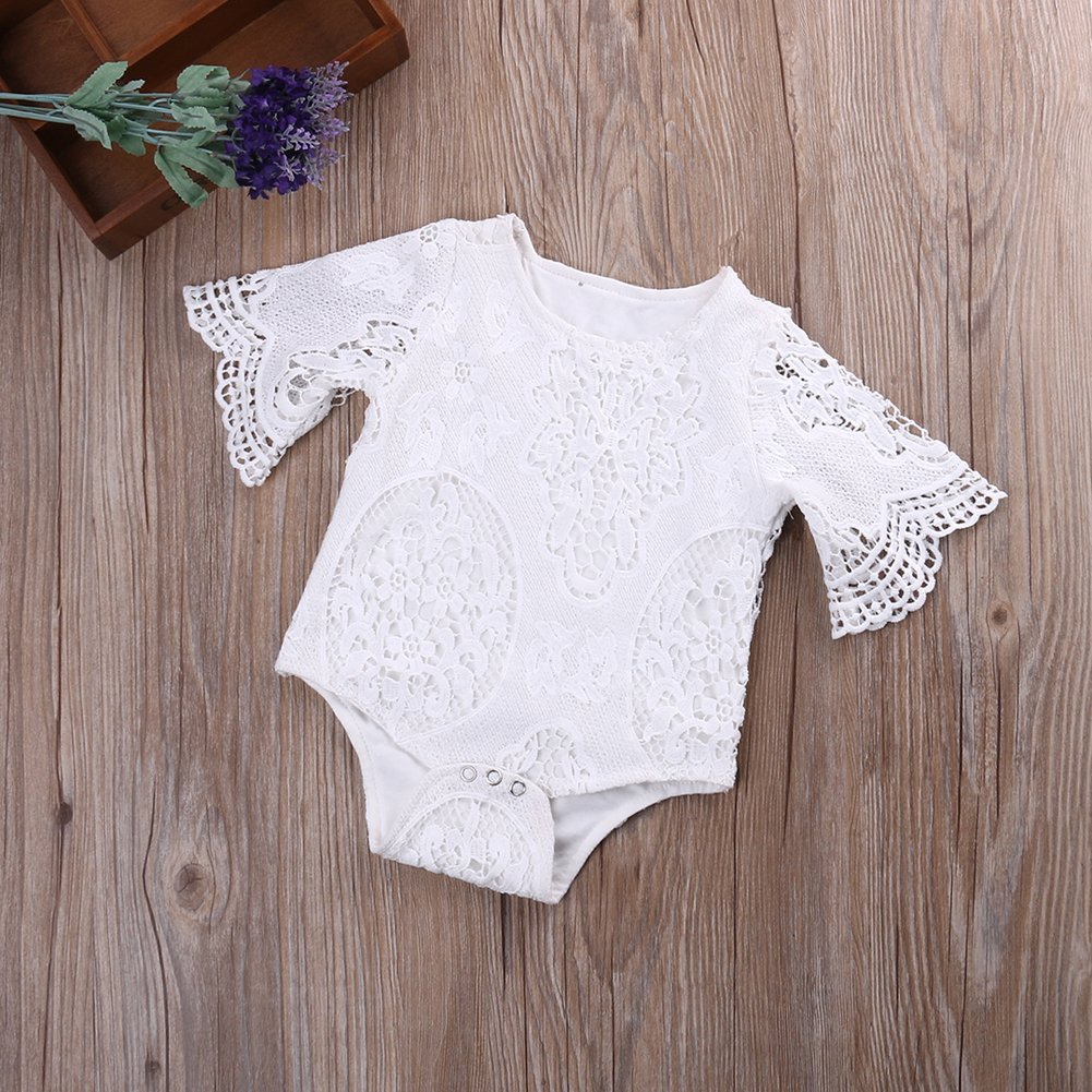 Infant Baby Girl White Lace Ruffles Sleeve Romper Sunsuit Bodysuit (80Cm/6-12 Months)