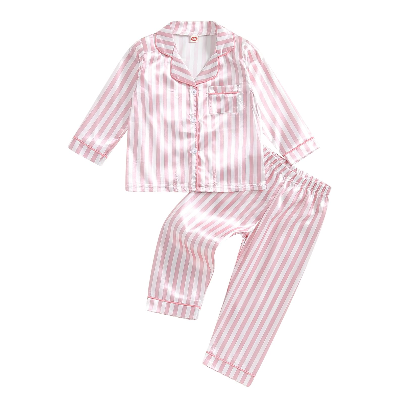 ZAXARRA Kid Baby Girl Boy Satin Pajamas Set Lapel Button Down Silk Shirt Top Pants Children Lounge Clothes Sleepwear Suit (Pink-