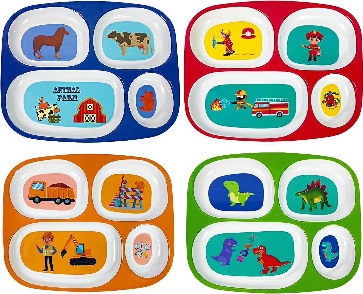 4E'S Novelty Set Of 4 Melamine Dinner Plates For Kids Boys - Divided Plates For Picky Eater, Bpa Free, Toddler Eating Essentials