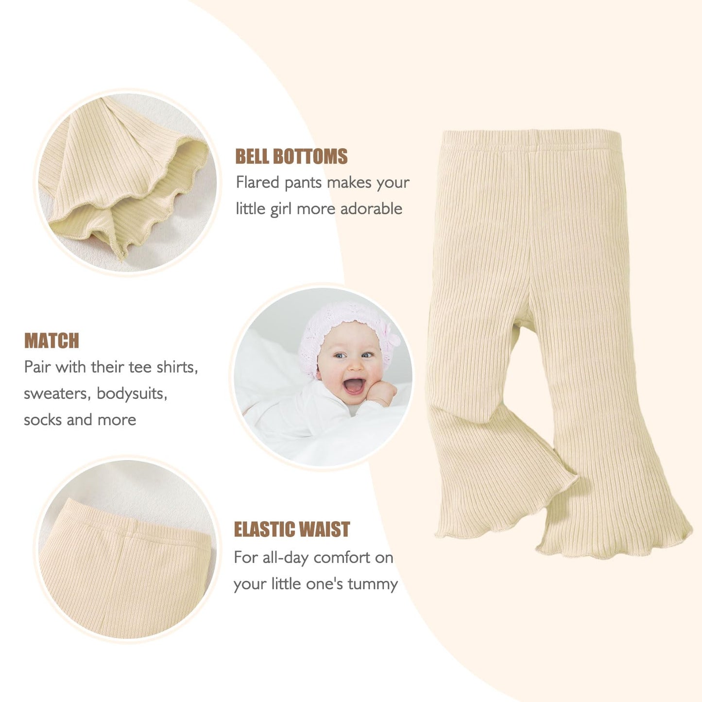 Sobowo Toddler Baby Girl Flare Pants 3 Pack Solid Ribbed Ruffle Bell Bottoms Pants Fall Outfits(Black/Yellow/Beige, 18-24 Months
