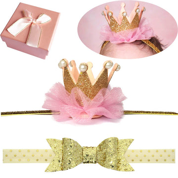 Elesa Miracle Baby Hair Accessories Baby Girl'S Gift Box With Shiny Bow Crown Tiara Headband (2Pc- Gold)