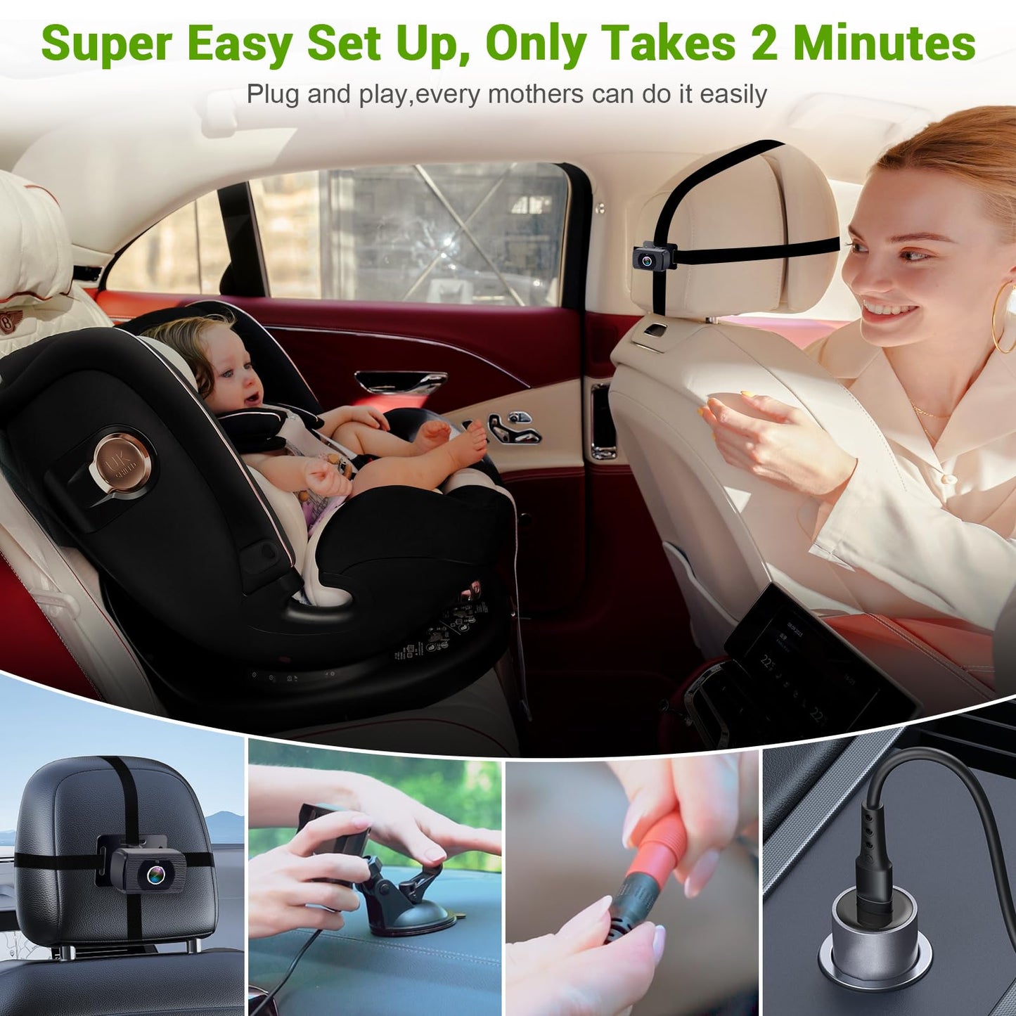 Rohent Baby Car Camera Hd 1080P For Backseat: Usb Plug And Play Easy To Install - Carseat Camera Rear Facing Infant Crystal Nigh