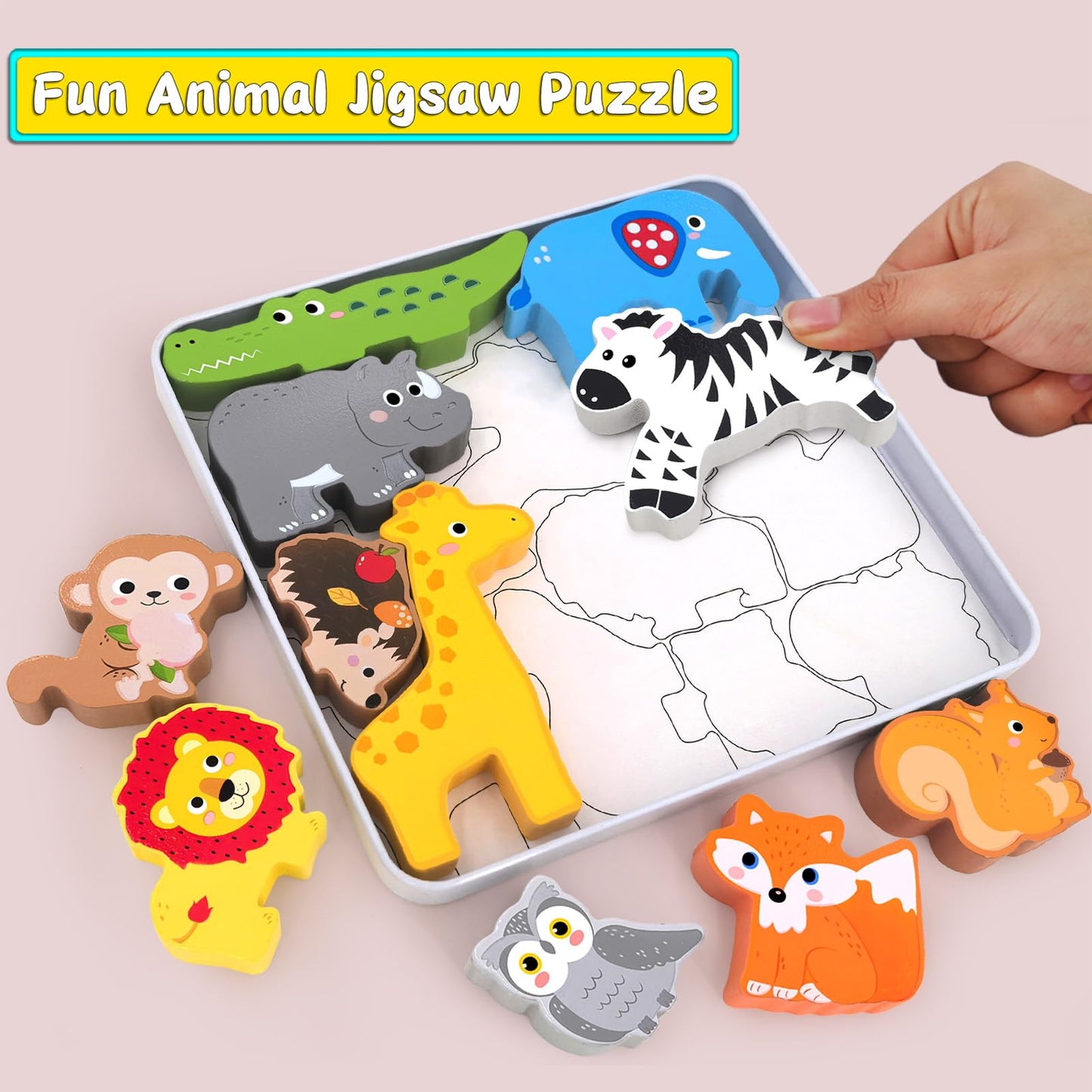 Wooden Animal Puzzles Toys for Toddlers,24 Pcs Farm and Safari Animal Figures,Animal Matching Sorting Stacking Toys for Boys Chi