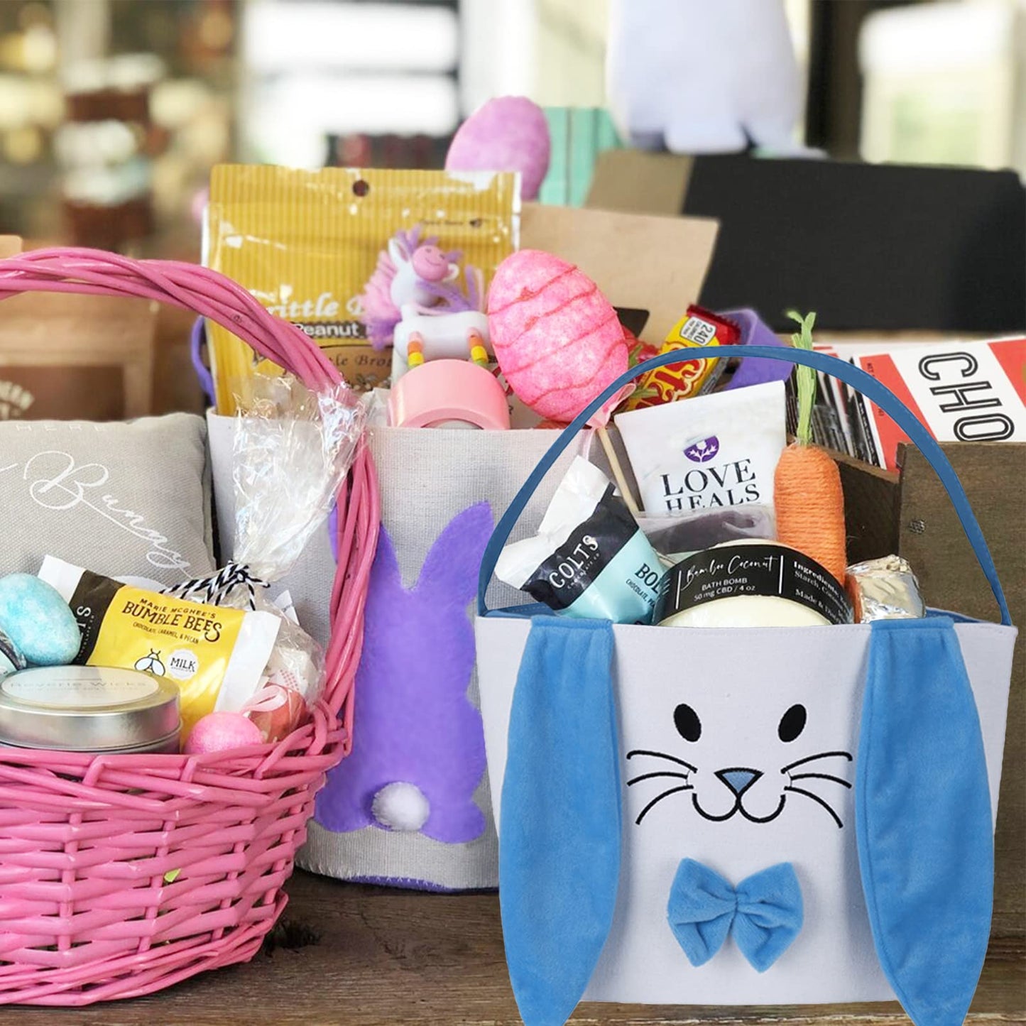 3Pcs Easter Bunny Basket For Kids- Canvas Cotton Carrying Gift And Eggs Hunt Bag, With Long Plush Ear Printed Rabbit Toys Bucket