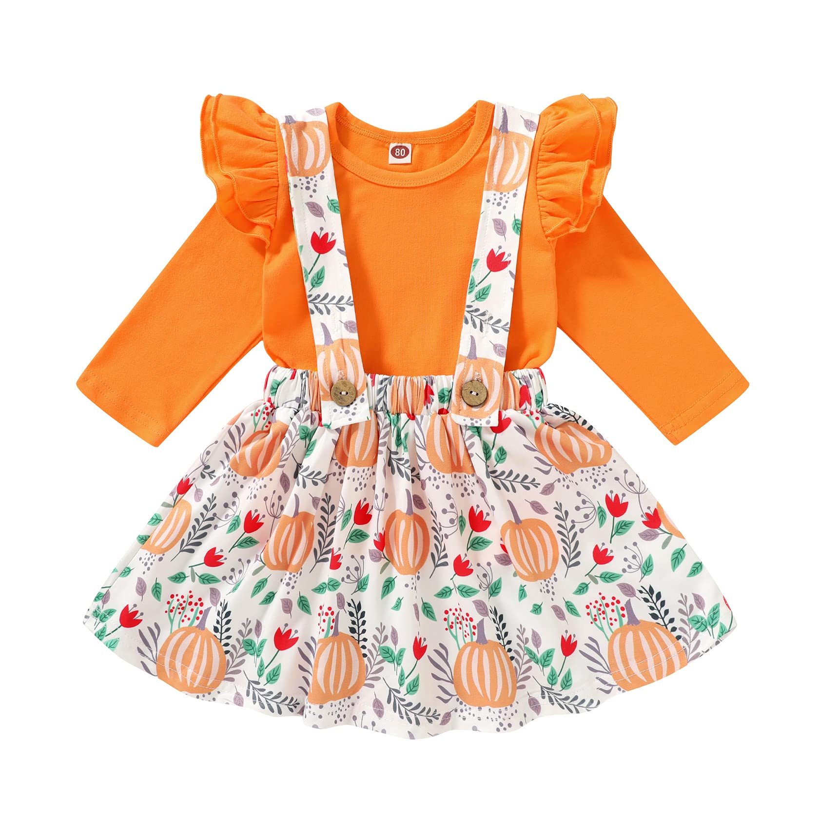 Happyma Baby Girl Thanksgiving Outfit Toddler Skirt Set Ruffle Shirt Top Pumpkin Suspender Dress Thanksgiving Clothes For Girls
